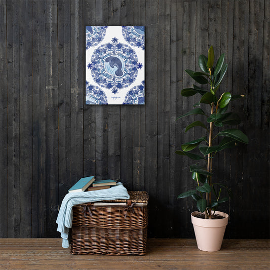 Delft Blue Manatee Blue and White Fine Coastal Art Canvas Print 18" x 24"