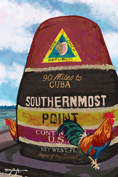 Southernmost Point Key West Rooster Fine Art Print 12" x 18"