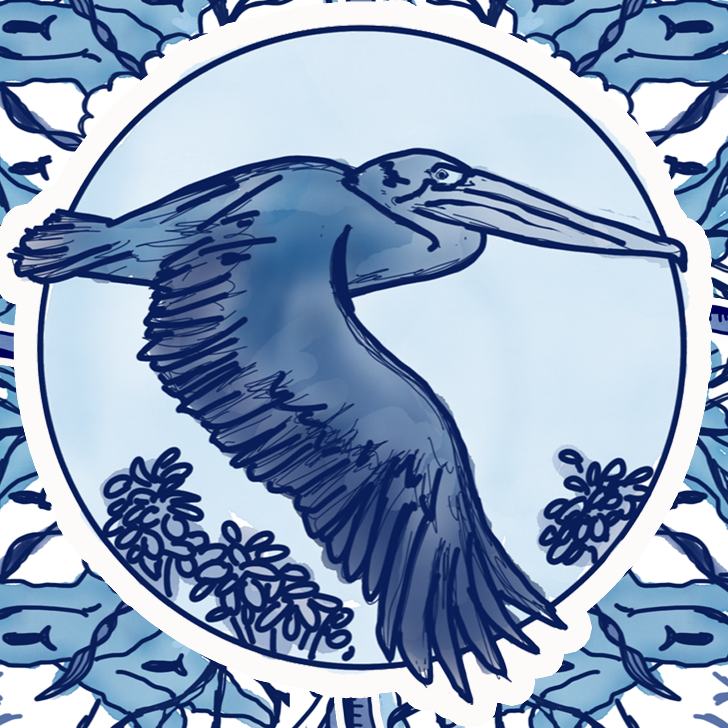 Delft Blue Pelican Blue and White Fine Coastal Art Canvas Print