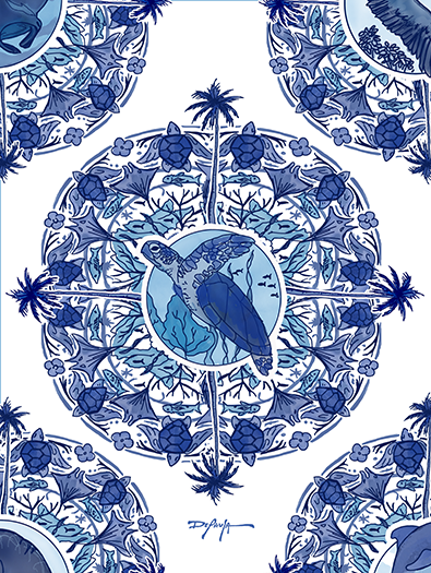 Delft Blue Turtle Blue and White Fine Coastal Art Canvas Print